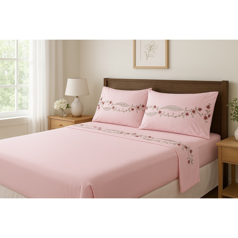 Valencia King Sheet Set Pink Floral Embroidered 4 Pc Microfiber Vintage Style